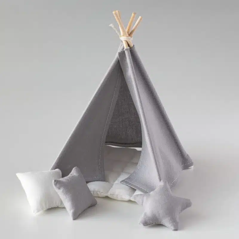 Grey cosy tepee with pillows in 1:12 scale