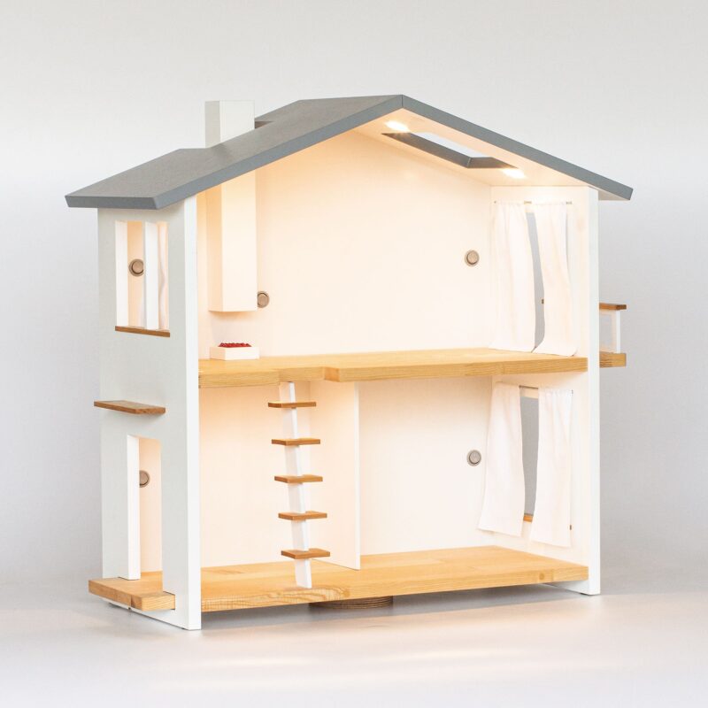 2 storey wooden dollhouse with light