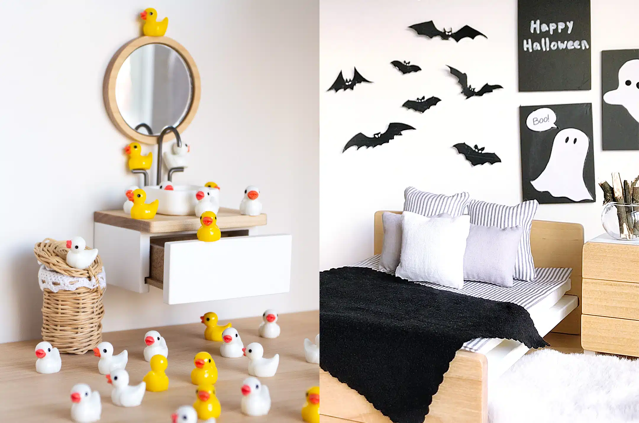 Wooden dollhouse bathroom filled with miniature rubber ducks and bedroom decorated for Halloween – creative play ideas