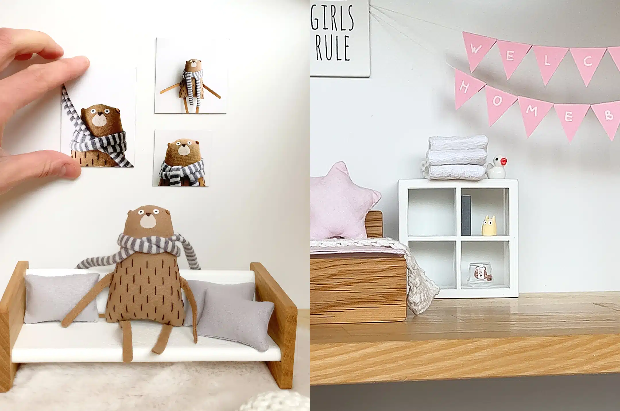 Dollhouse magnetic wall covered in bear portraits and posters – showing creative decorating possibilities with magnets