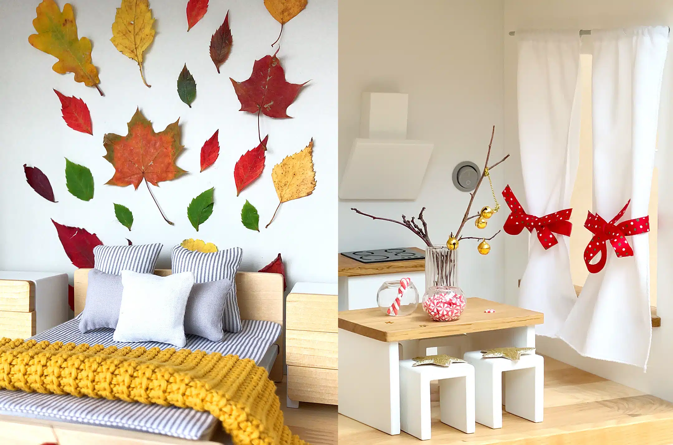 Wooden dollhouse bedroom decorated with autumn leaves and kitchen decorated for Christmas – seasonal play ideas