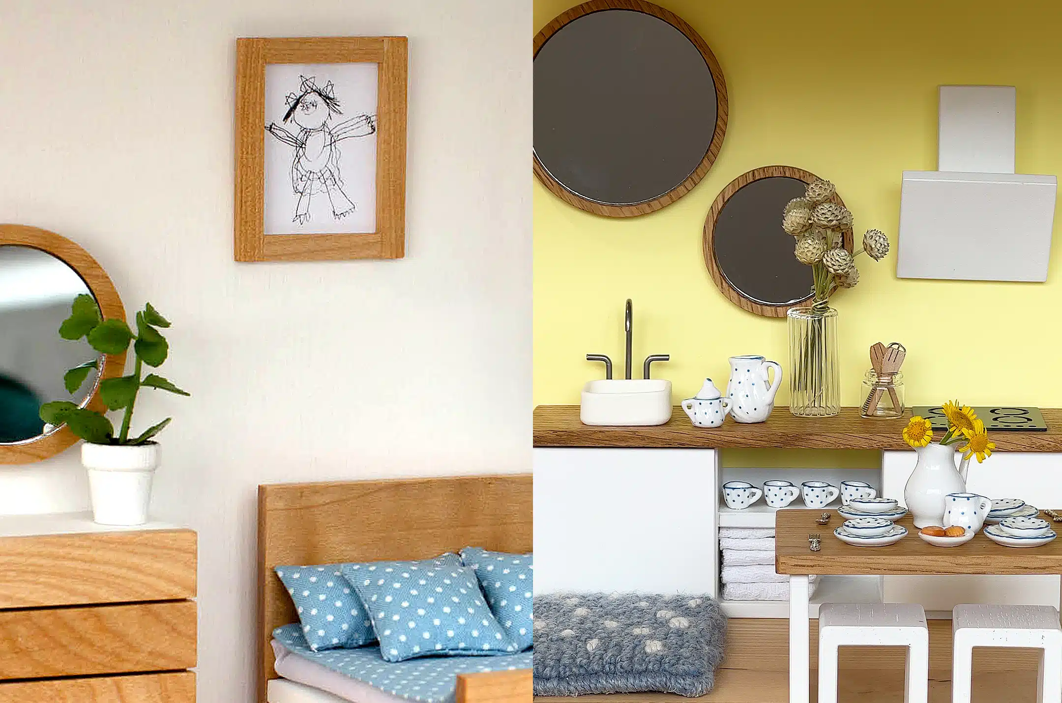 Katin Domik dollhouse bedroom and kitchen interiors with full furniture sets – natural wood and muted Scandinavian tones