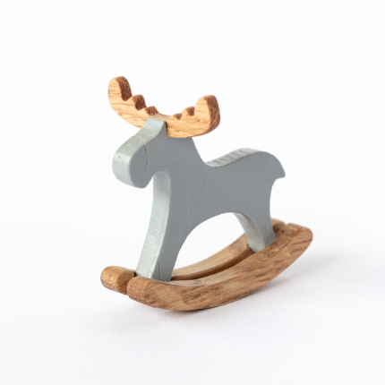 Miniature wooden rocking elk for 1:12 dollhouse – solid oak, hand-carved antlers, Katin Domik