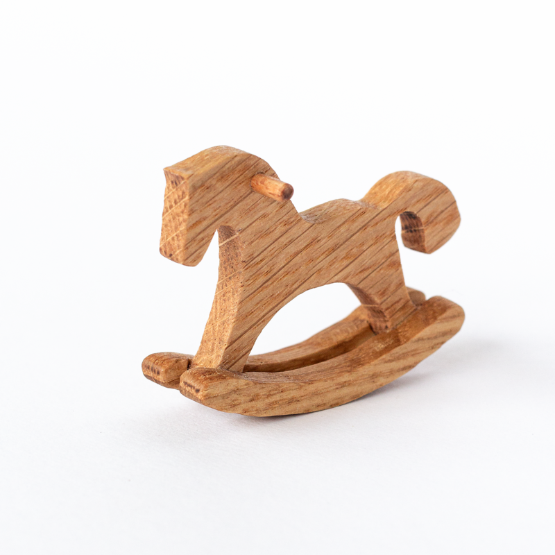 Mini wooden rocking horse for 1:12 dollhouse – solid oak, natural finish, Katin Domik