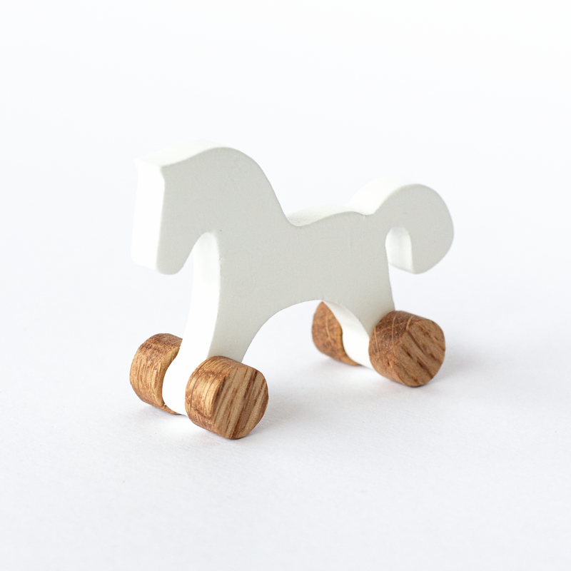 Miniature white ride-on horse for 1:12 dollhouse – white body, oak wheels, Katin Domik
