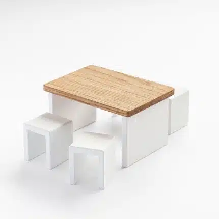 Dining table with 4 stools for 1:12 dollhouses. Scandinavian design. Natural wood