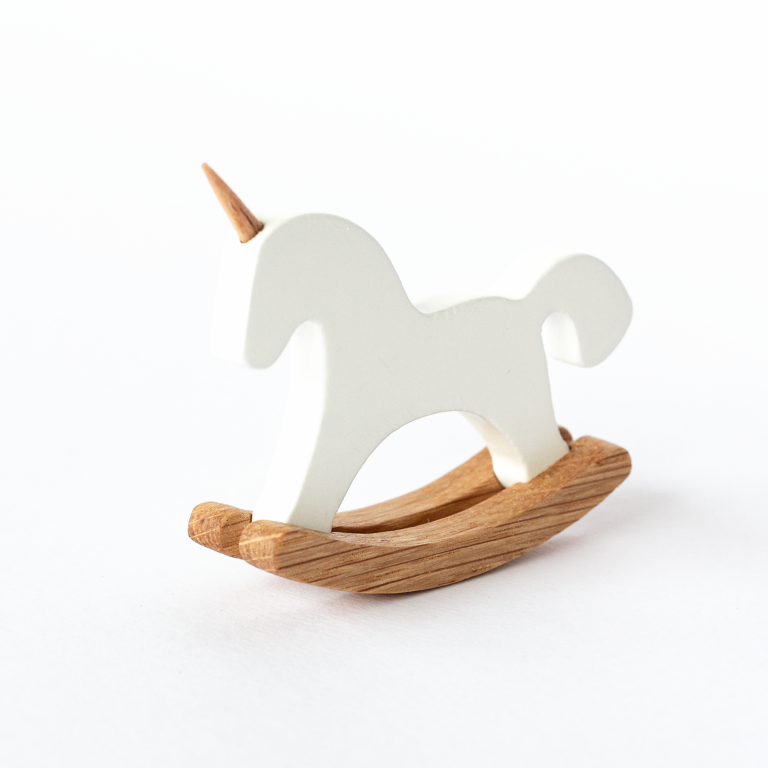 Mini wooden unicorn rocking horse for 1:12 dollhouse – white body, oak skids, Katin Domik
