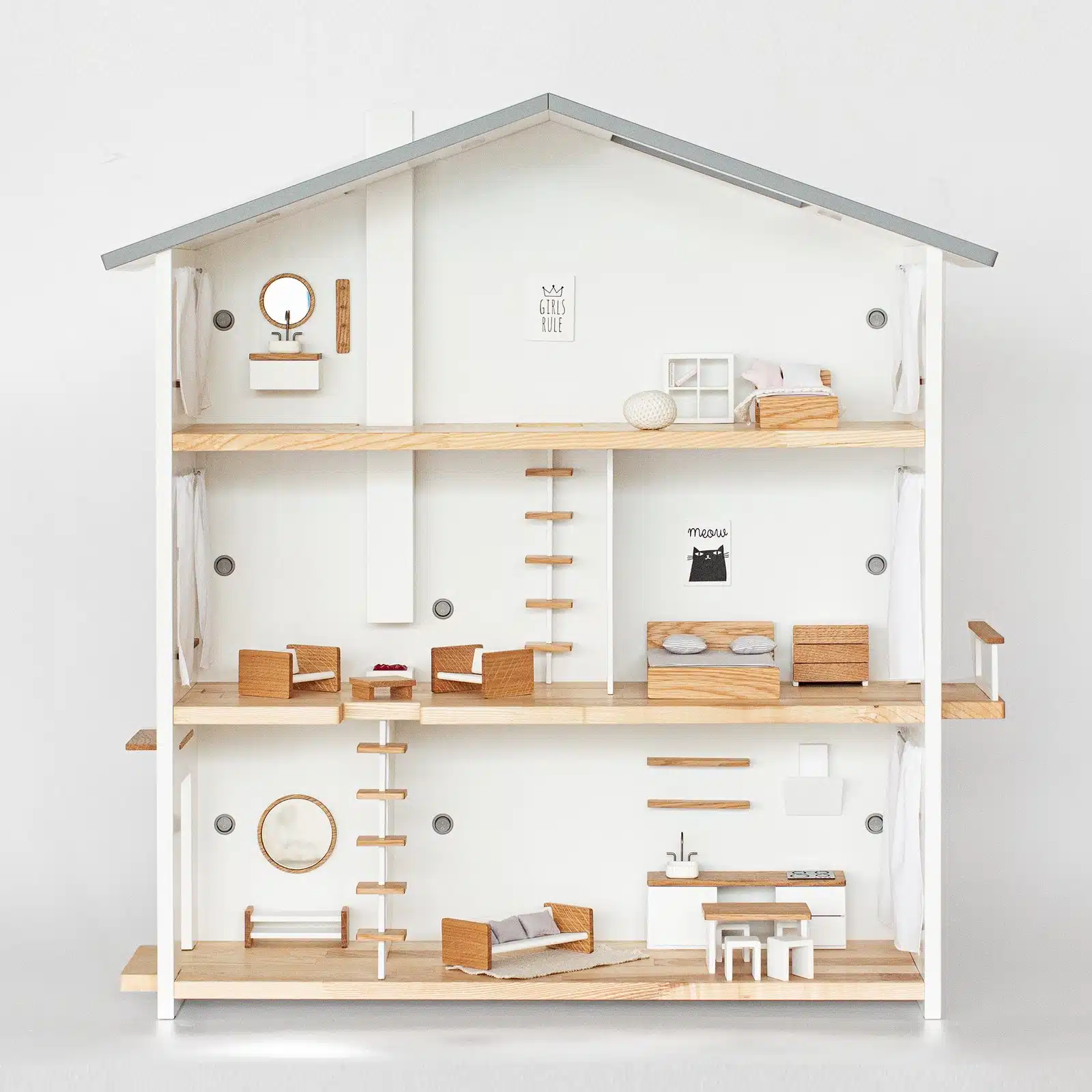 Front view of 3-storey wooden dolls house with furniture, balcony, chimney and staircase