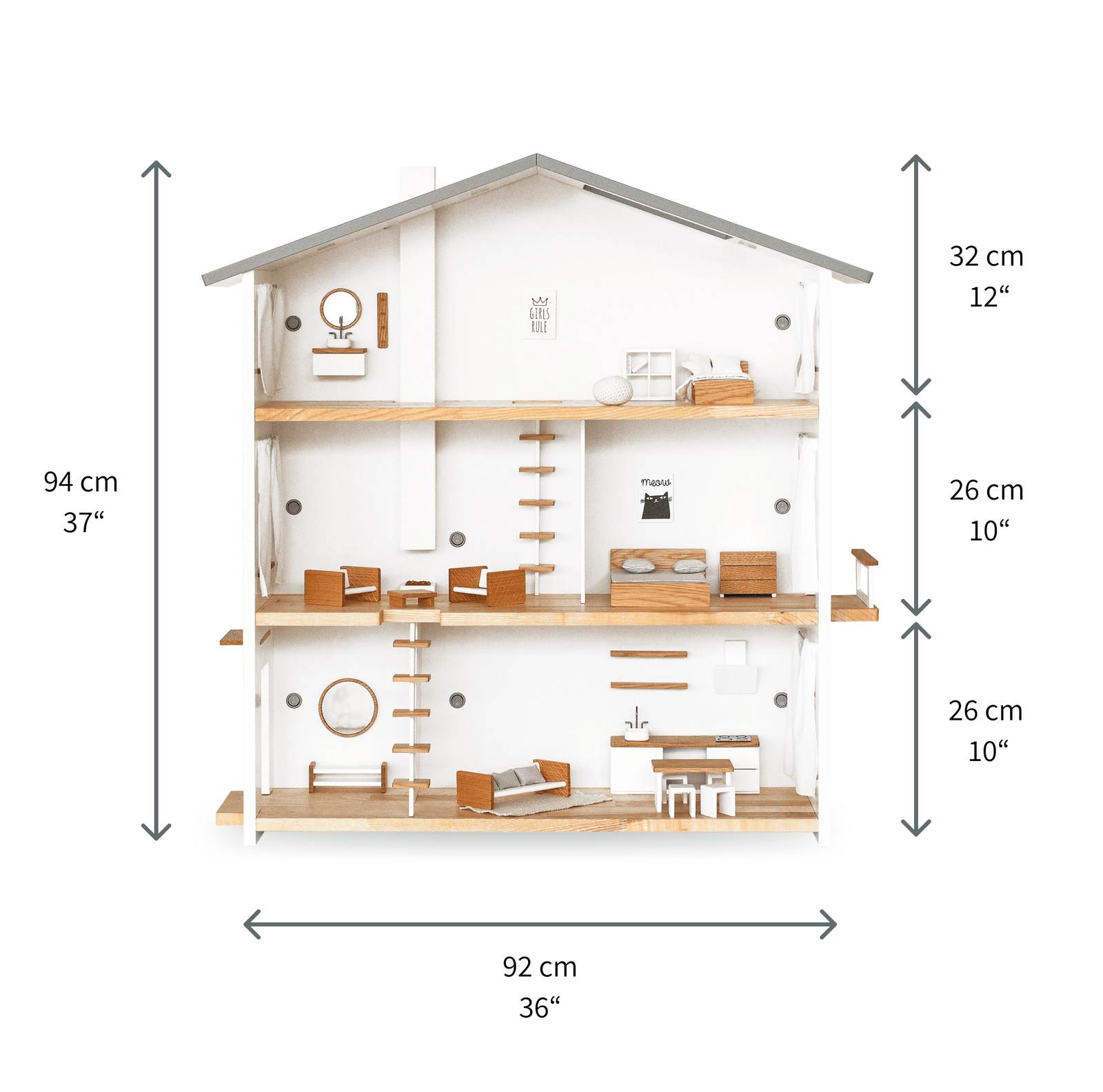 Big dollhouse dimensions illustrated: overall size and floor height, showing how large the 3-storey wooden doll house really is