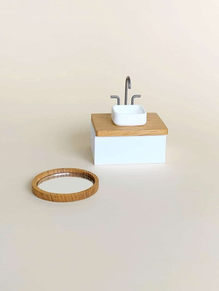 Dollhouse bathroom furniture set: wooden countertop table with sink and wooden framed magnetic mirror