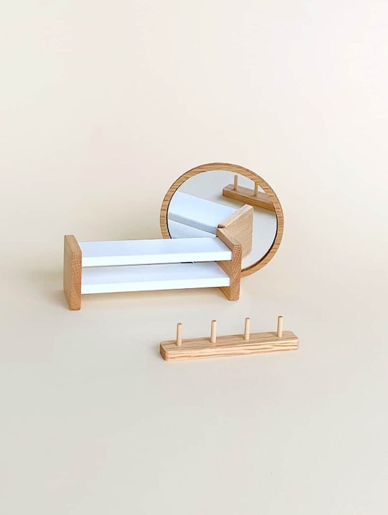 Dollhouse hallway furniture set: wooden bench, magnetic rack and magnetic mirror