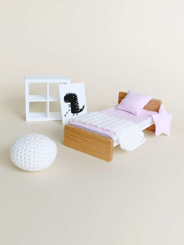 Dollhouse kids room furniture set: bed with mattress and bedding, open wooden rack, magnetic poster, hand-knitted pouf and blanket