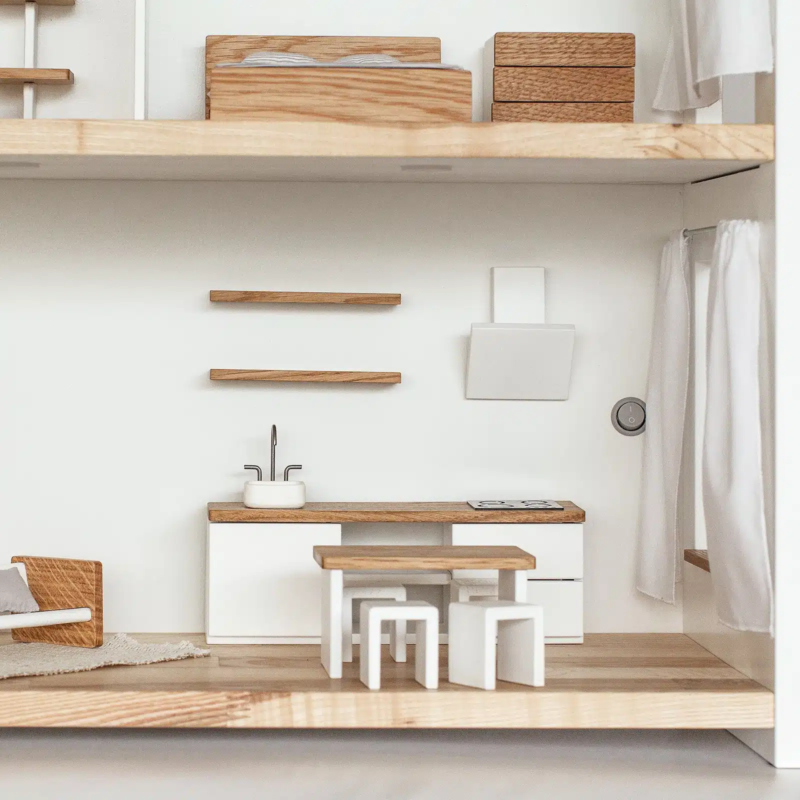 Dollhouse kitchen furniture set: cabinet with sink, tap and stove, table, 4 stools, magnetic hood and shelves