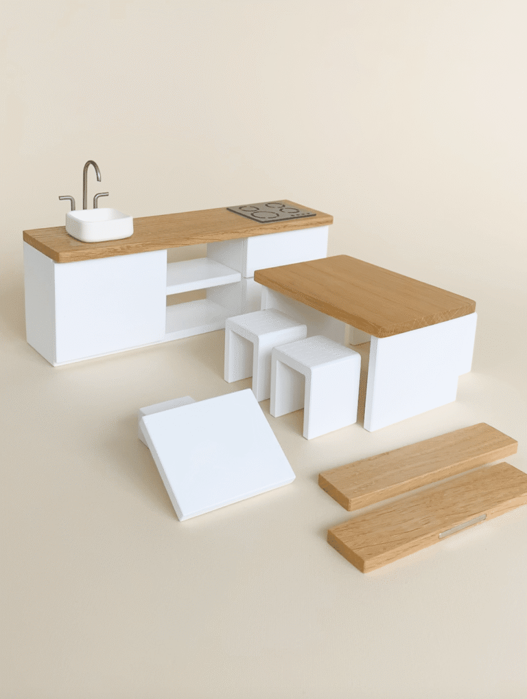 Dollhouse kitchen furniture set: cabinet with sink, tap and stove, table with 4 stools, magnetic hood and 2 wooden shelves