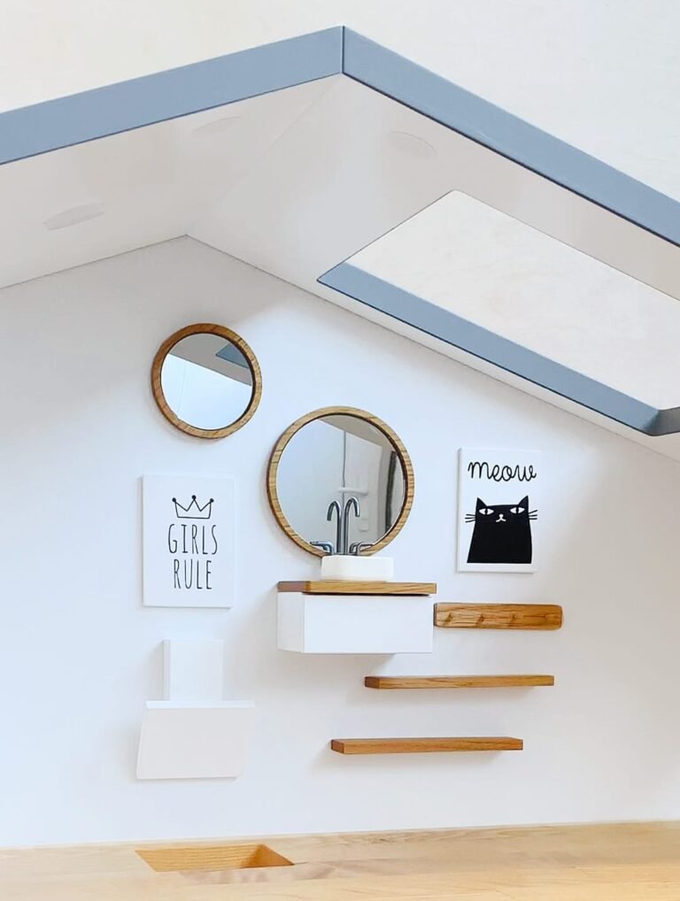Dollhouse magnetic wall loaded with accessories: large and small mirrors, floating shelves, posters, vanity and rack – all snap on with magnets