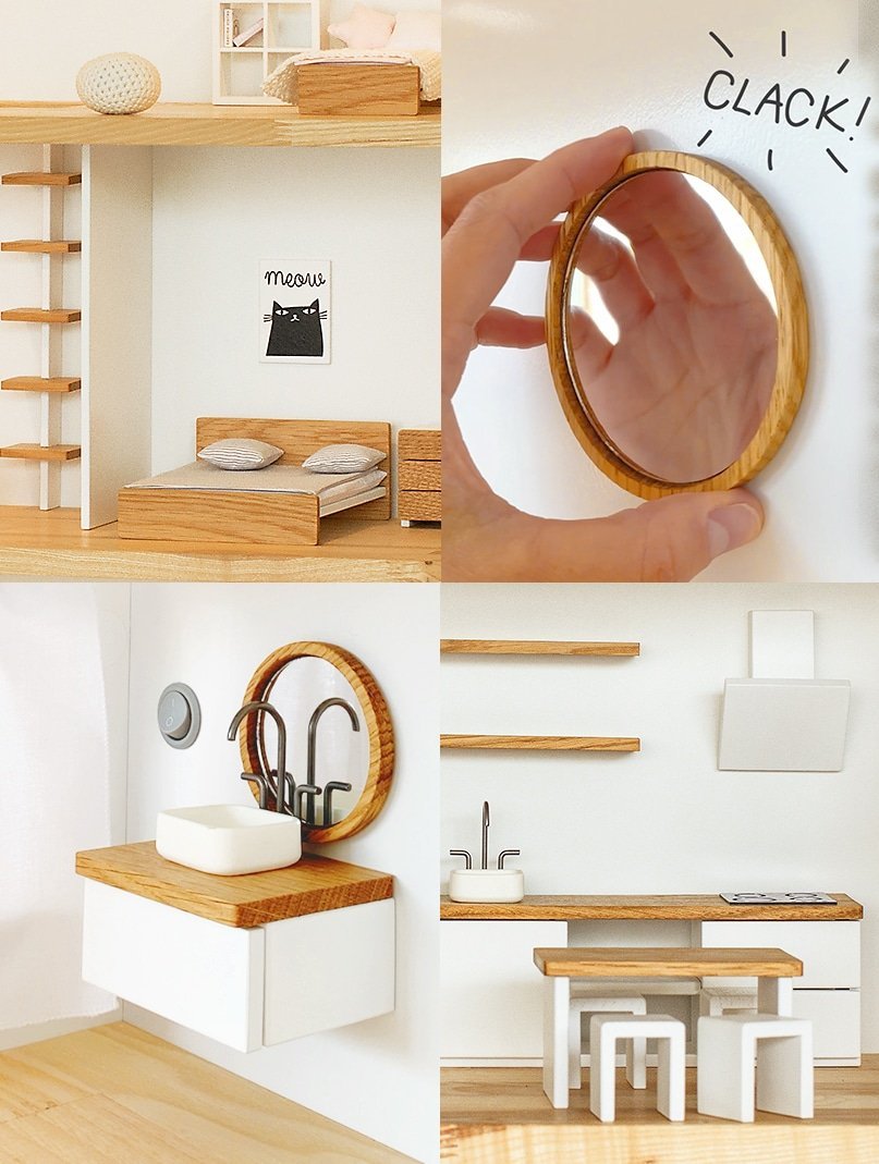 Dollhouse magnetic wall collage: bedroom, kitchen and bathroom interiors showing shelves, mirror and accessories attached with magnets