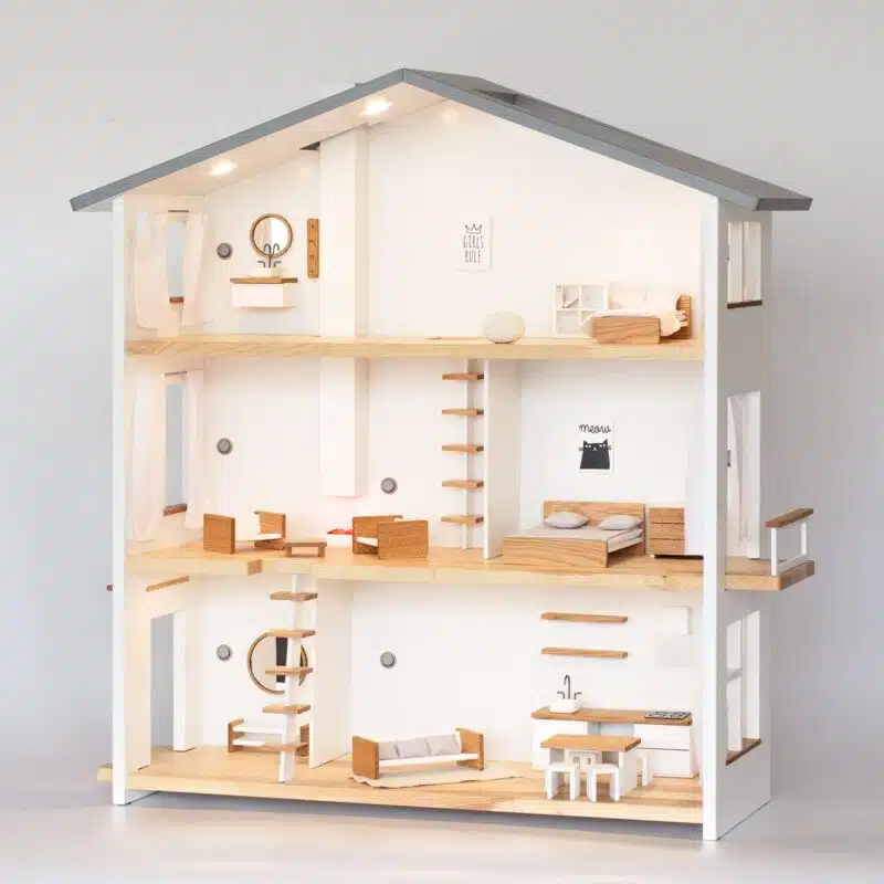 Katin Domik 3 story wooden doll house with lights and full furniture set for a dollhouse