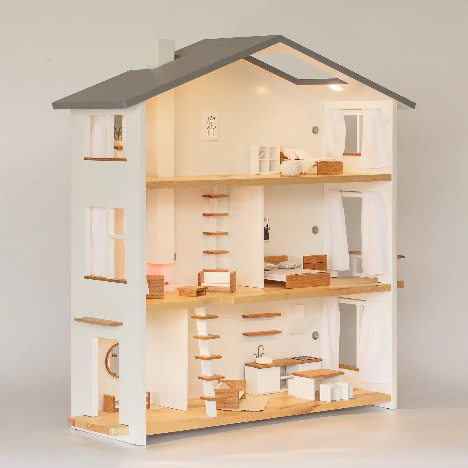 Katin Domik big wooden dollhouse with working lights and furnished rooms – warm glow in every room