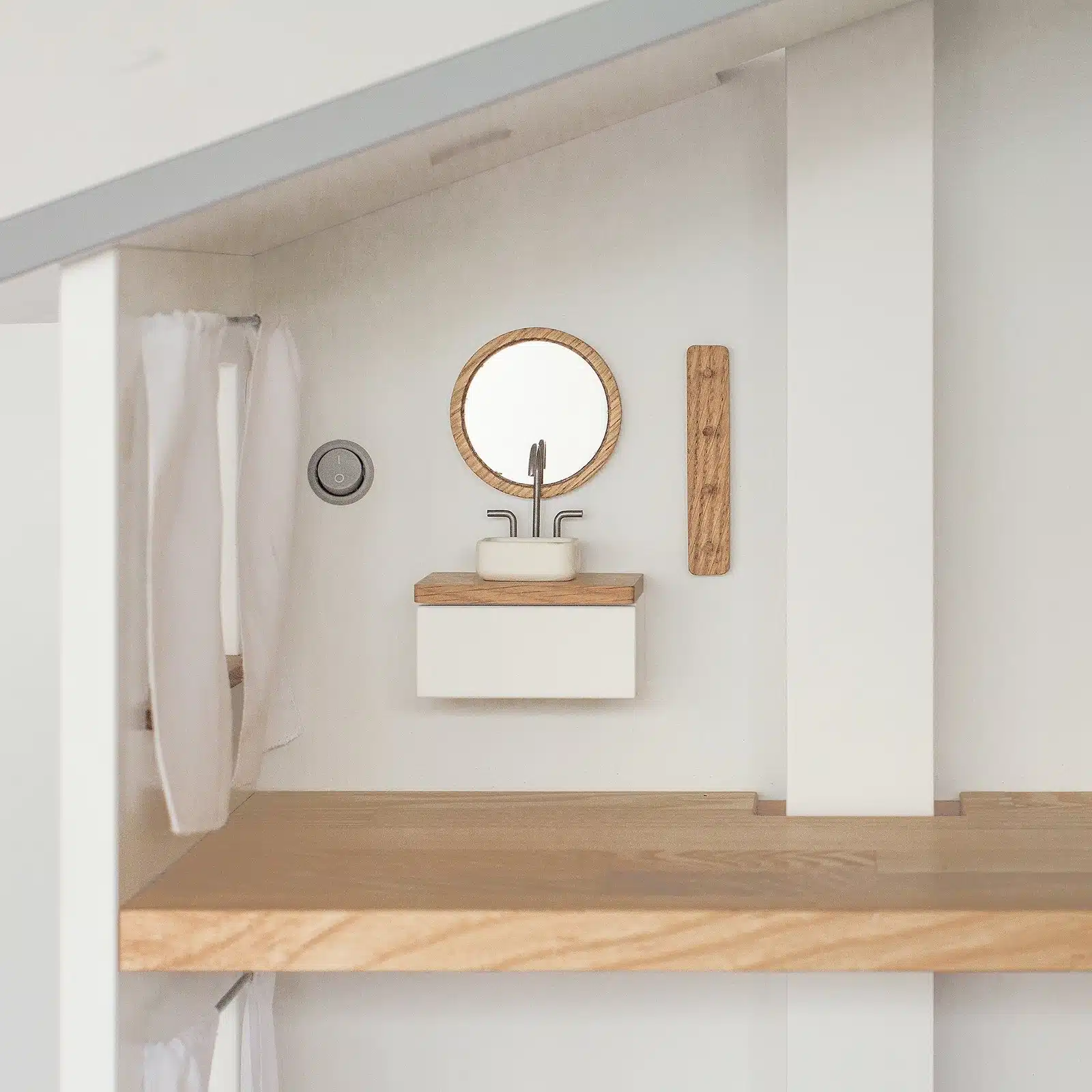 Katin Domik dollhouse bathroom furniture: floating vanity with sink and tap, minimalist towel rack, wooden-frame mirror