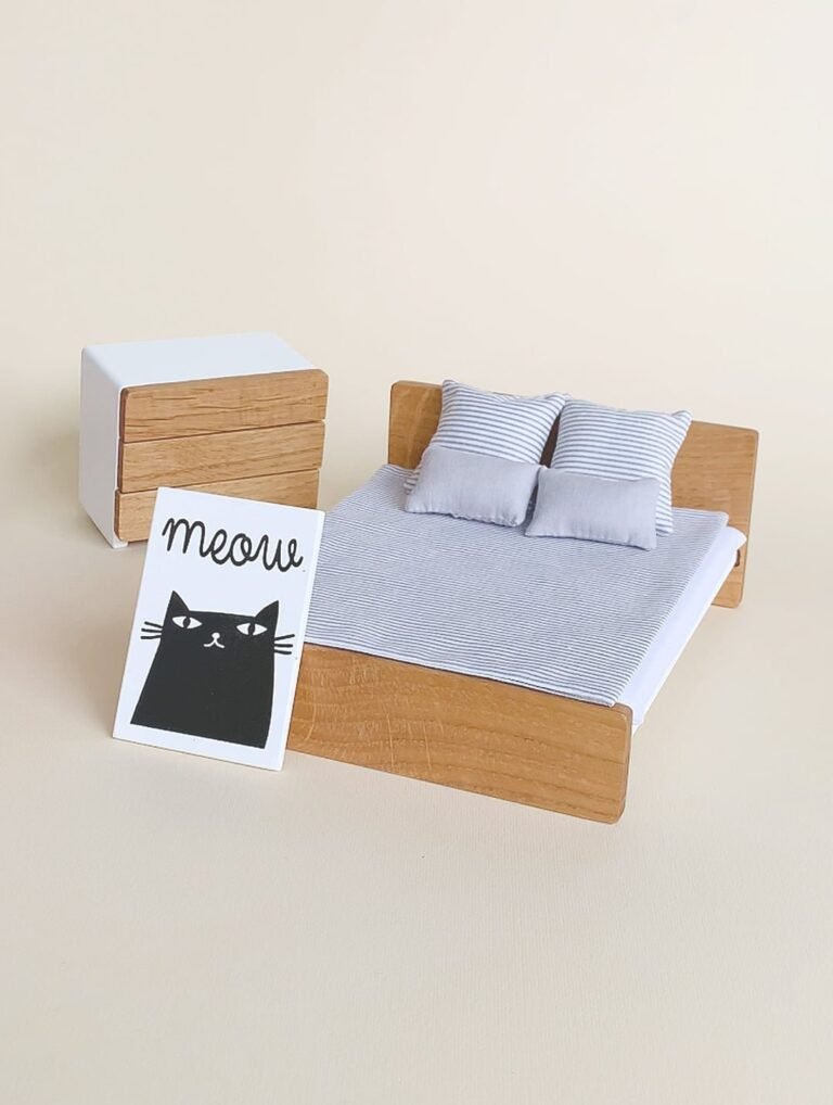 Katin Domik dollhouse bedroom furniture set: king size bed, mattress, cotton bedding, chest of 3 drawers and magnetic poster