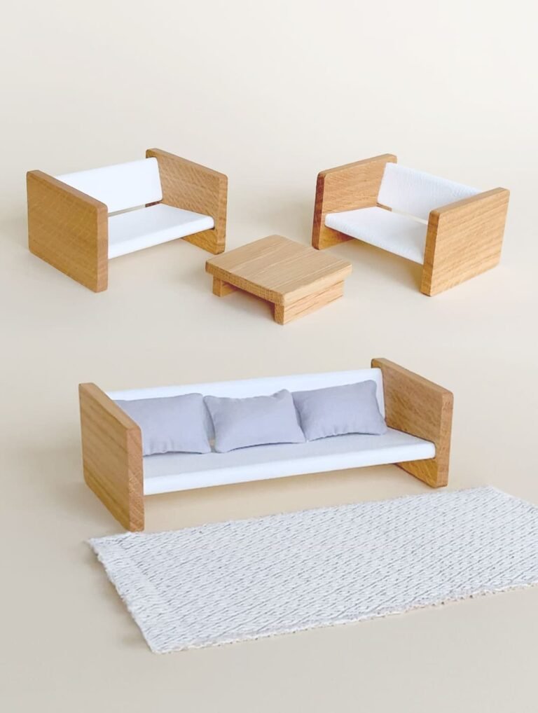 Katin Domik dollhouse living room furniture: sofa, 2 eco-leather armchairs, wooden coffee table, 3 cushions and carpet