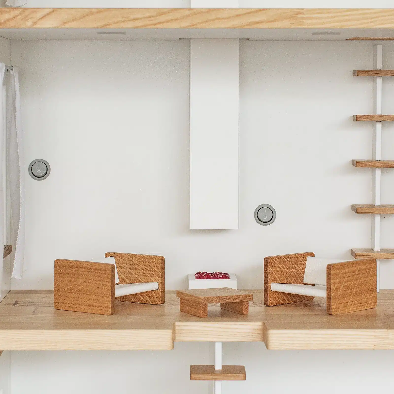 Katin Domik dollhouse living room furniture: two armchairs, coffee table, minimalist fireplace and linen curtains