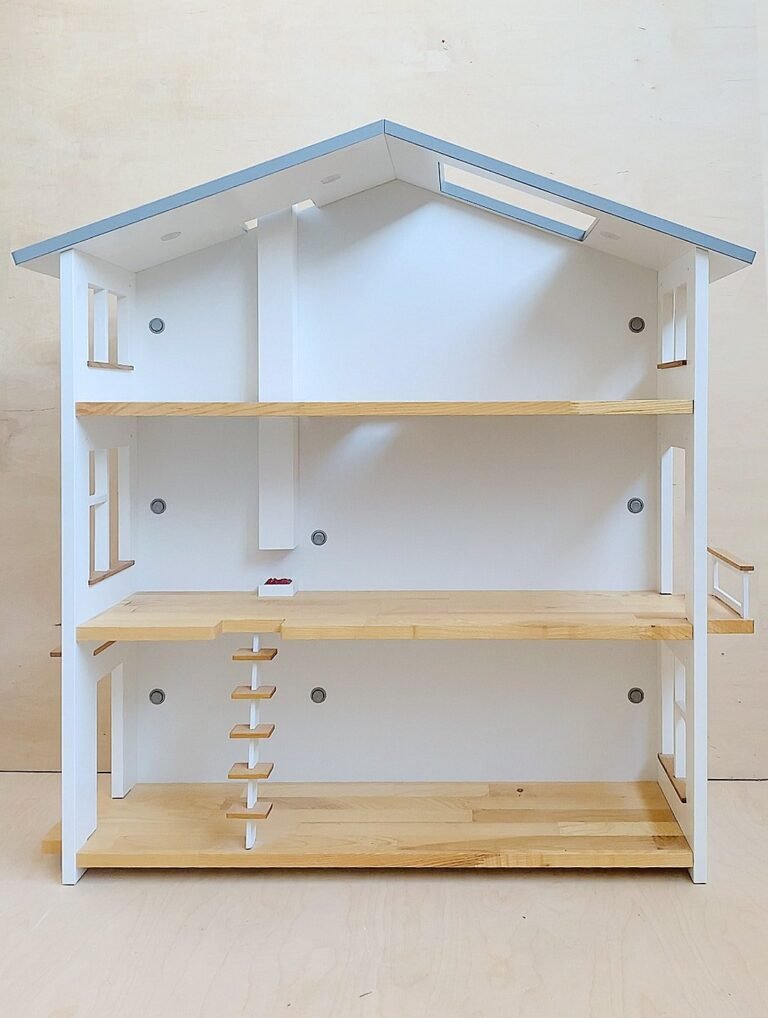 Plain wooden dollhouse without furniture or lights – natural solid ash, simple clean design