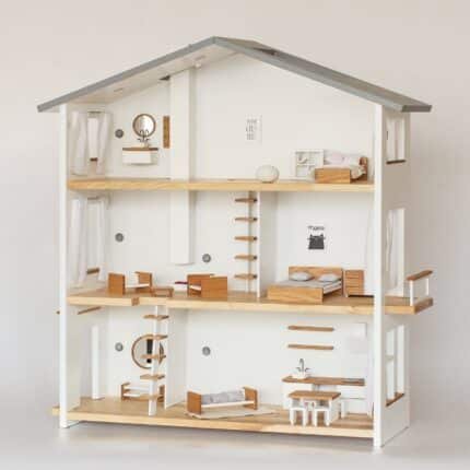 Three-story wooden dollhouse with full furniture set, 1:12 scale – front view