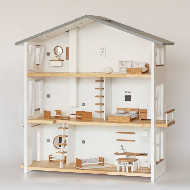 Three-story wooden dollhouse with full furniture set, 1:12 scale – front view