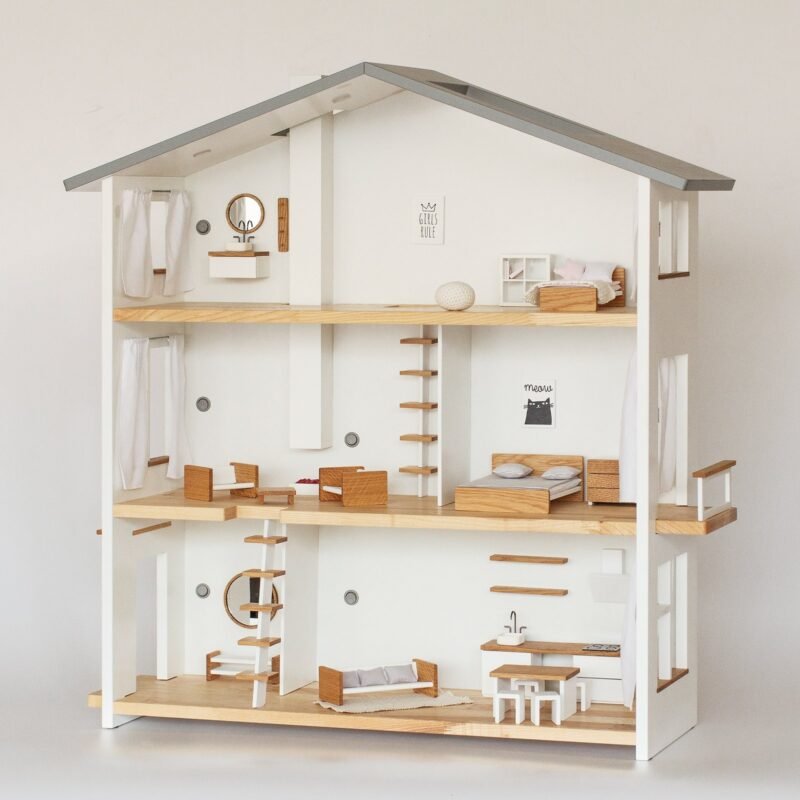 Three-story wooden dollhouse with full furniture set, 1:12 scale – front view