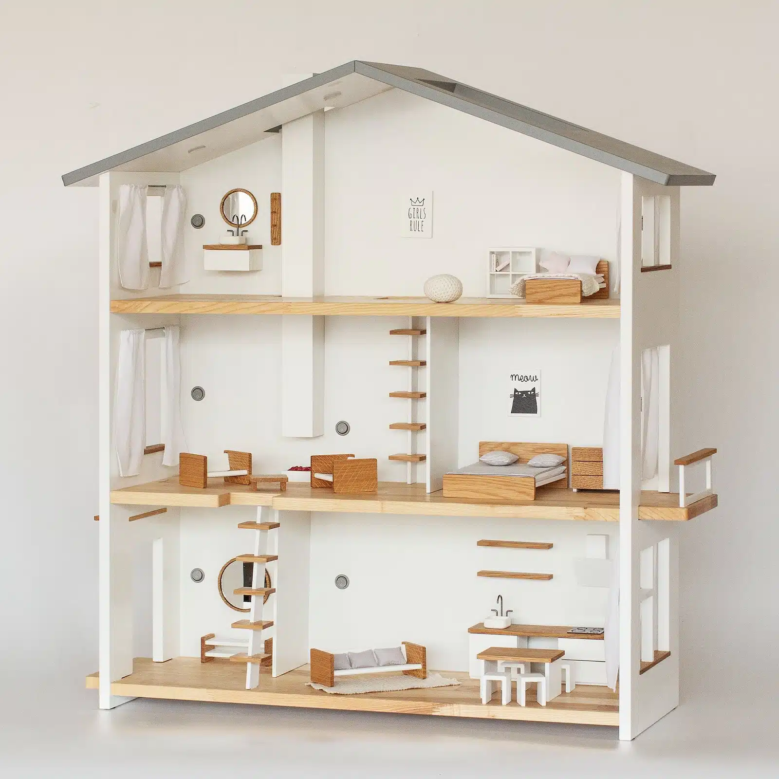 Three-story wooden dollhouse with full furniture set, 1:12 scale – front view