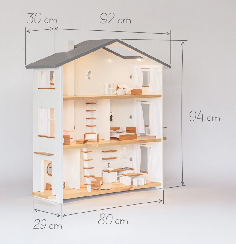 Katin Domik two-story dollhouse dimensions — width, height and depth in centimeters