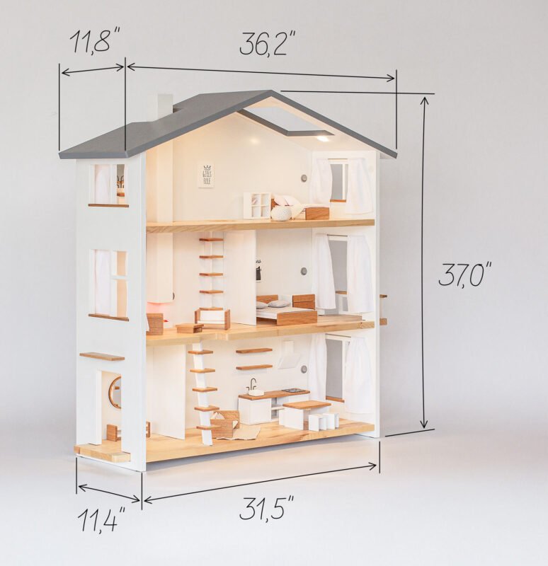 Katin Domik two-story dollhouse dimensions — width, height and depth in inches