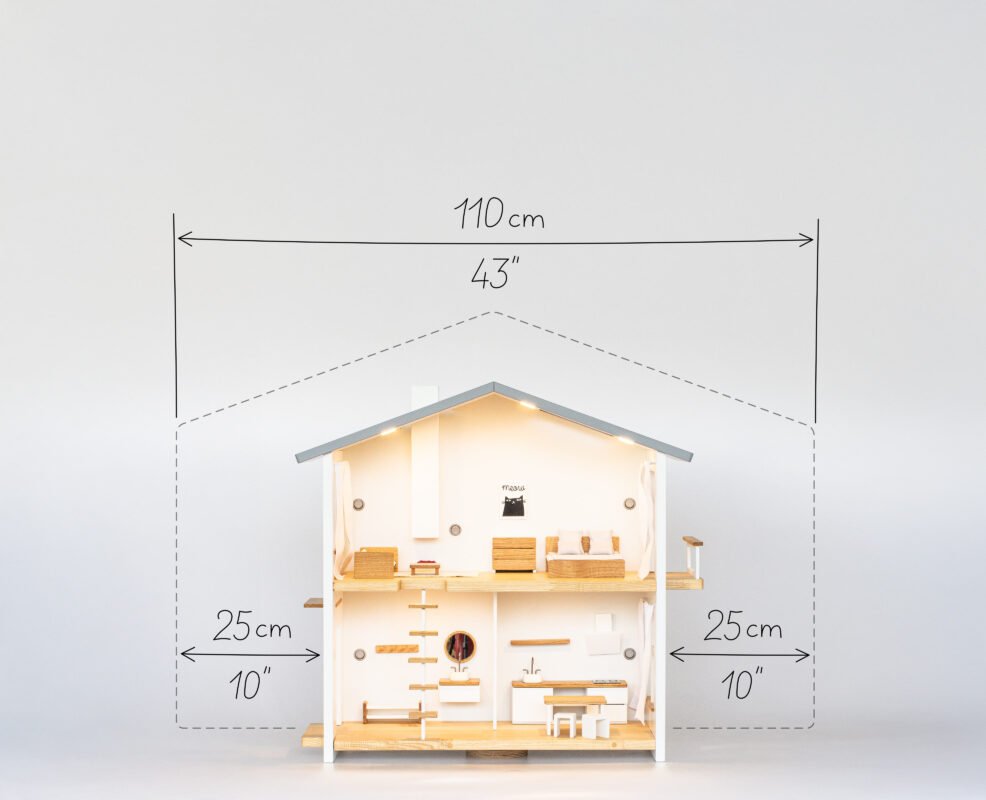 Katin Domik two-story dollhouse dimensions — recommended wall space and side clearance