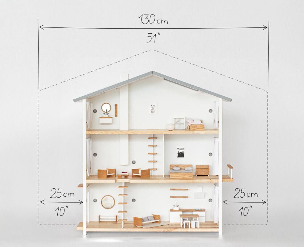Katin Domik three-story dollhouse dimensions — recommended wall space and side clearance