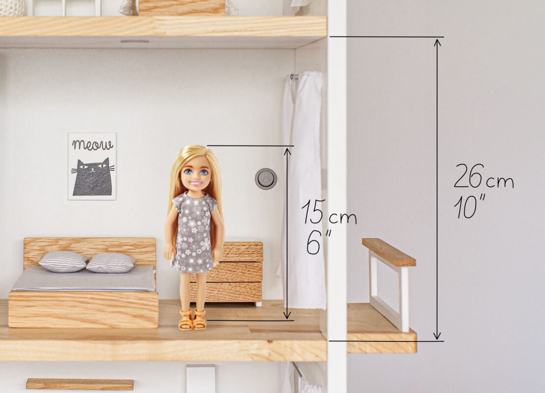 Barbie Chelsea doll (15 cm / 6 in) standing in Katin Domik dollhouse room — ceiling height 26 cm (10 in) leaves plenty of space for play
