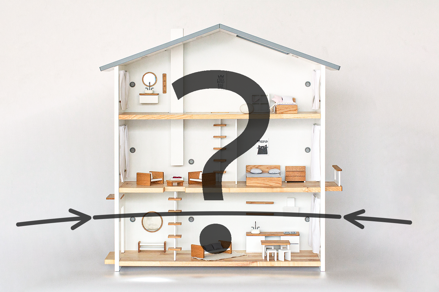 Katin Domik three-story wooden dollhouse with furniture — what are the right dollhouse dimensions?