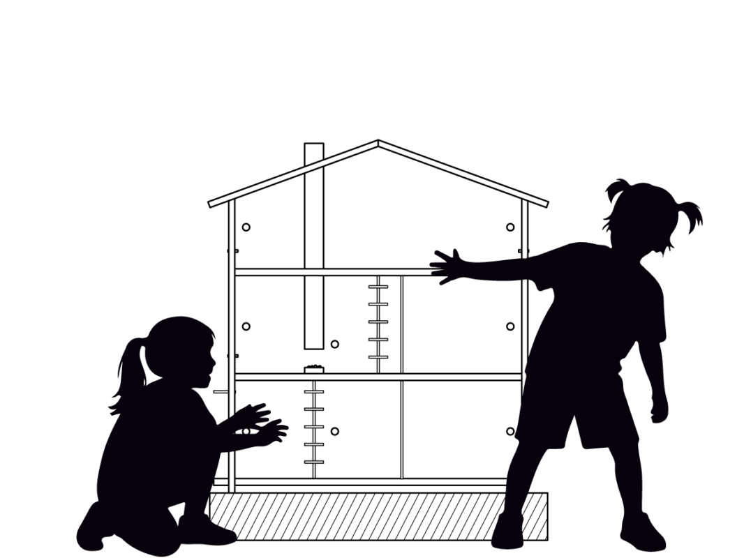 Schematic showing correct dollhouse placement height — children sitting at floor level with easy access to all floors