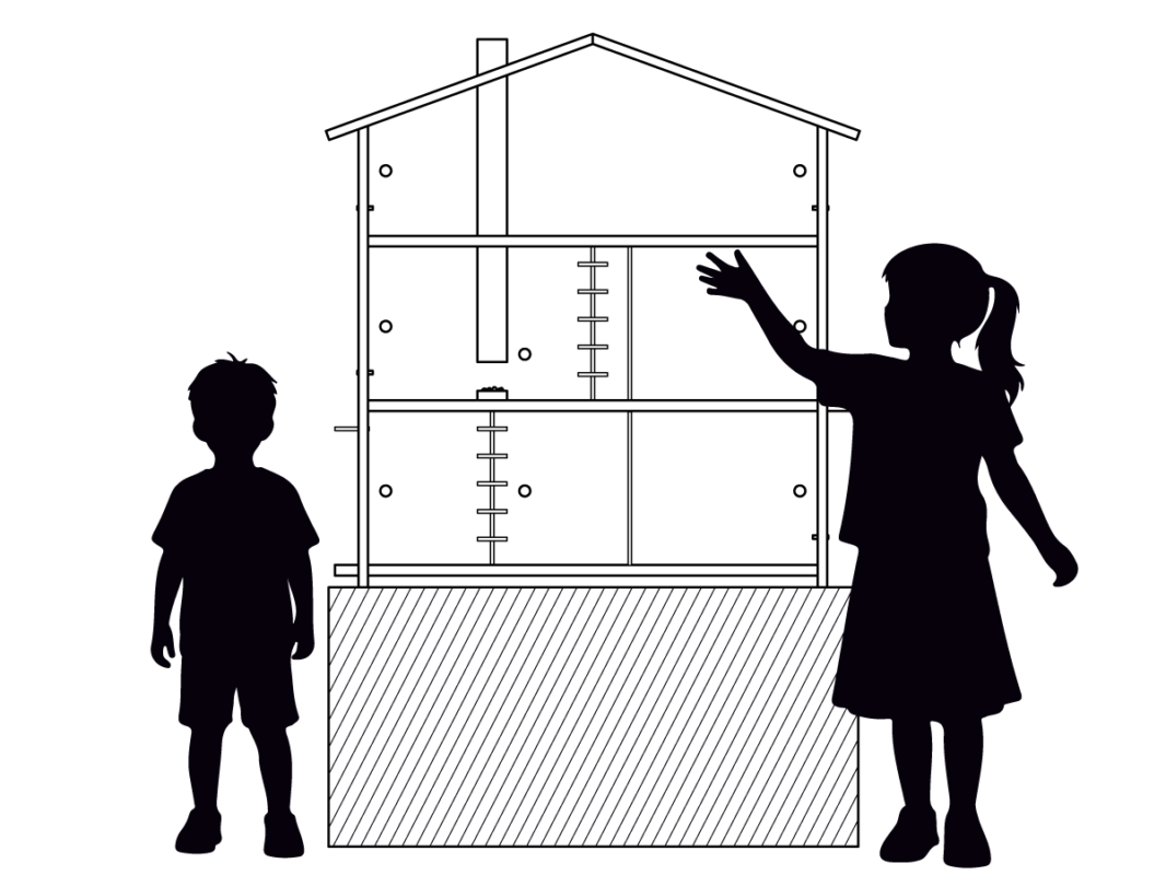 Schematic showing incorrect dollhouse placement height — dollhouse raised too high, top floor above children's eye level
