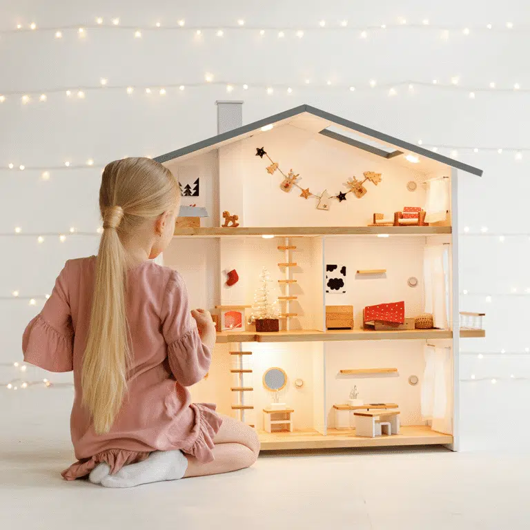 A complete Katin Domik modern wooden dollhouse with integrated warm lighting and furniture.