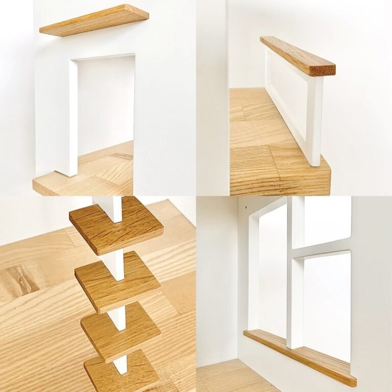 Solid oak staircase and window sill detail inside modern design wooden dollhouse