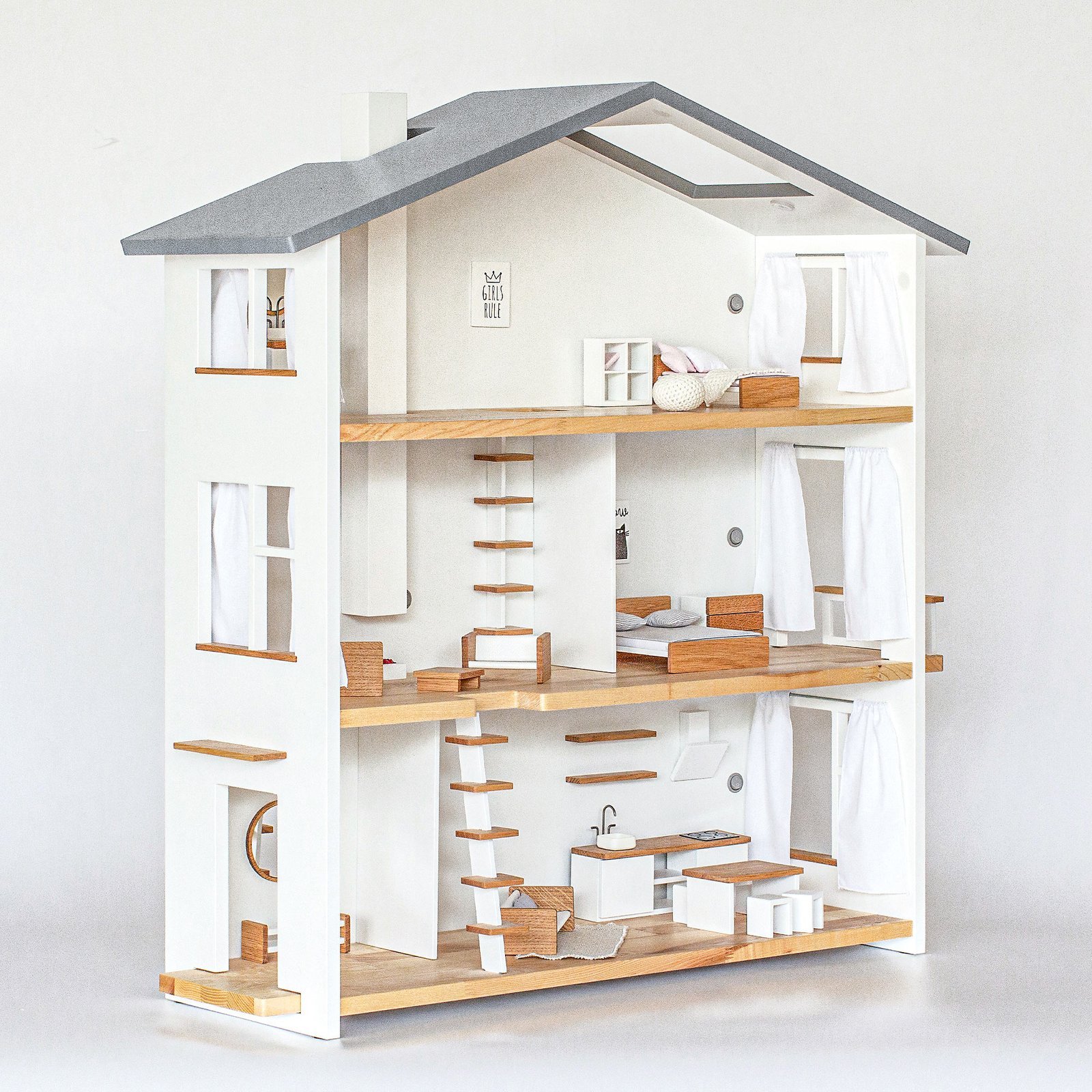 Modern design three-storey wooden dollhouse – white walls, oak floors, Scandinavian style, Katin Domik