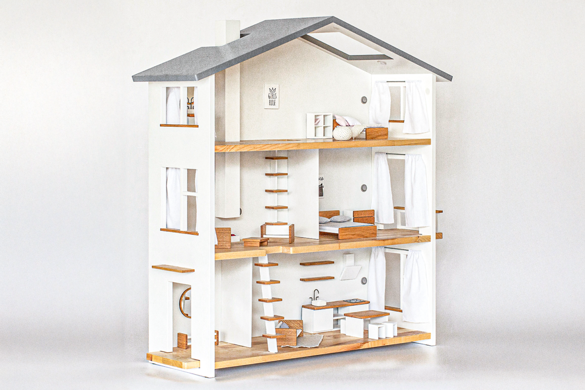 Three-storey modern design wooden dollhouse with working lights and magnetic wall – Katin Domik