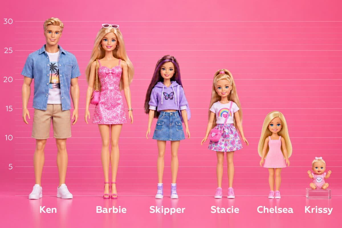 Barbie doll size comparison with Ken, Skipper, Stacie, Chelsea and Krissy