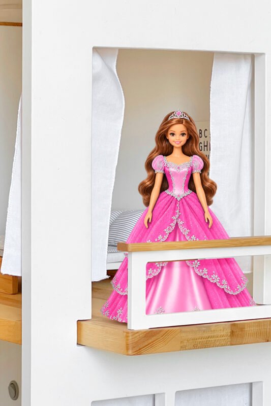 Barbie Mini Kingdom princess on the balcony of a 1:12 scale Katin-domik dollhouse