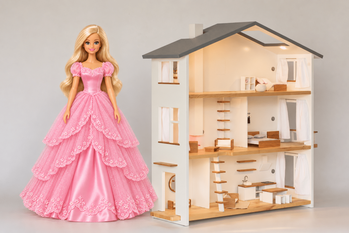 My Size Barbie standing beside a 1:12 scale dollhouse