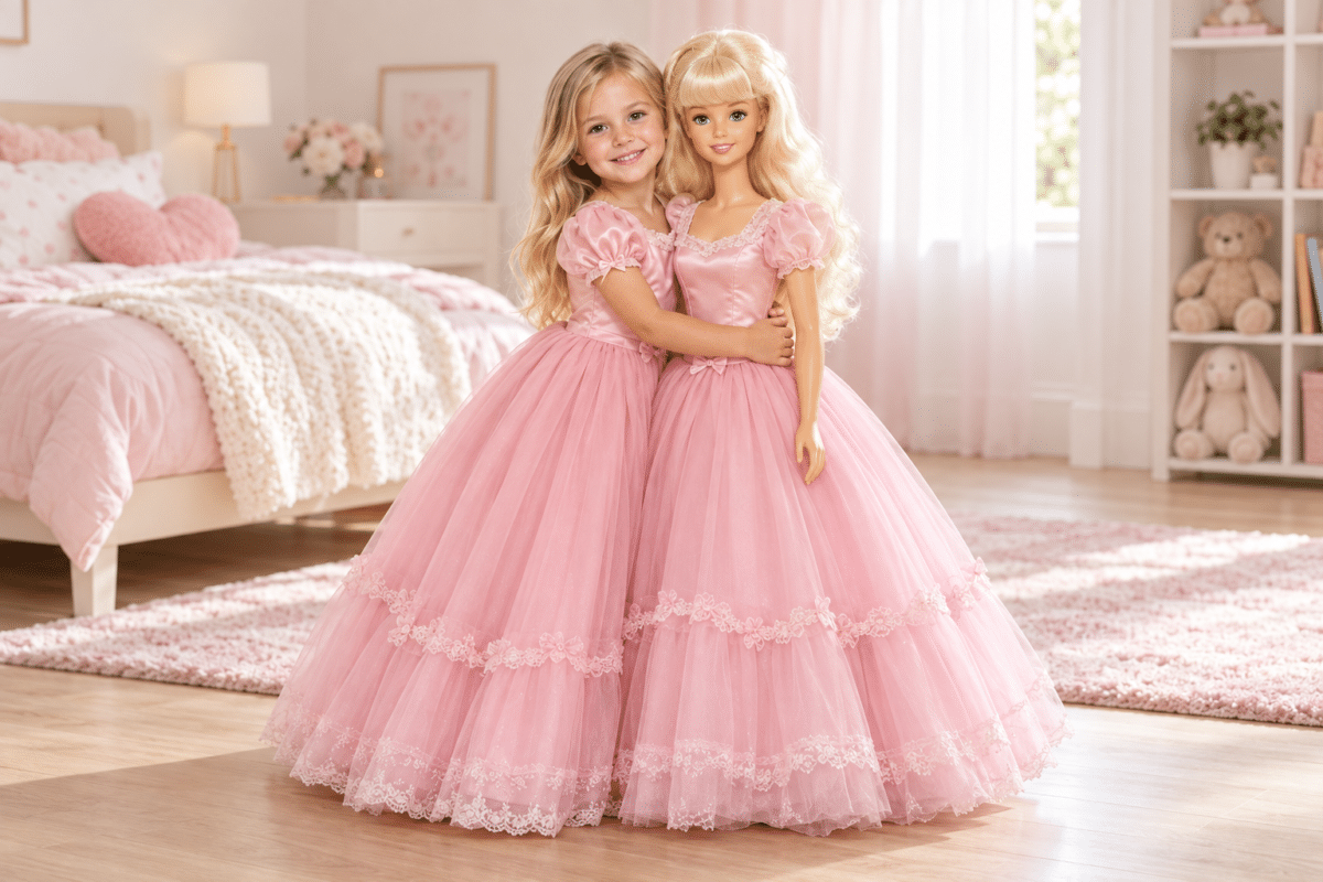 Girl hugging a My Size Barbie doll almost as tall as a child